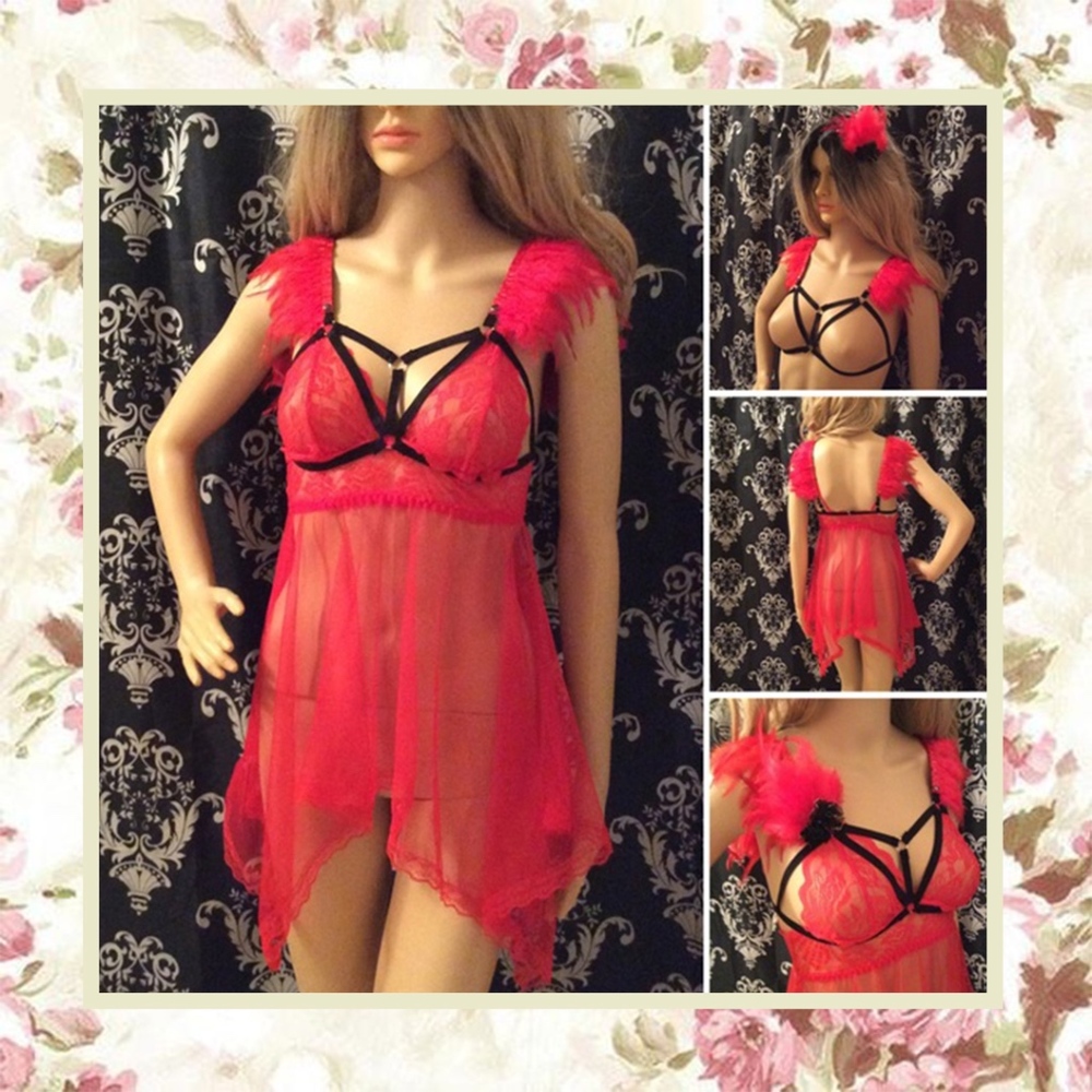 🍒 3PC SHEER RED FEATHER MINI DRESS LINGERIE LOVE SEXY DEVIL SHORT COVER CLUB